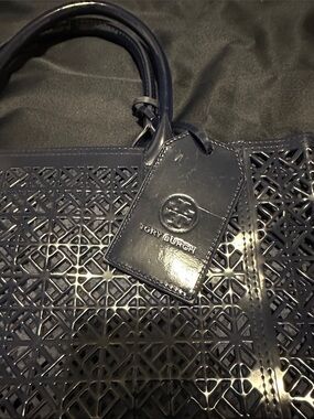 Tory Burch Navy Laser-Cut Patent Tote